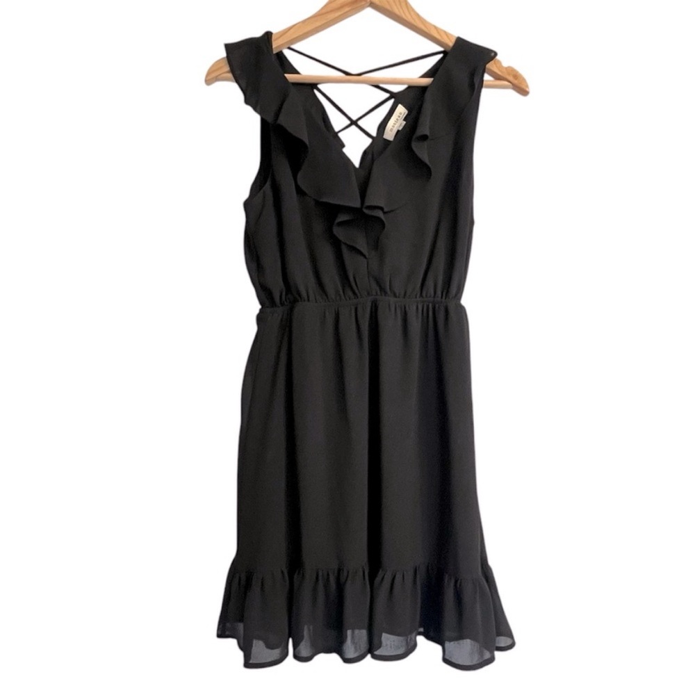 Monteau Ruffle Chiffon Mini Dress Criss Cross Back Black Size Small